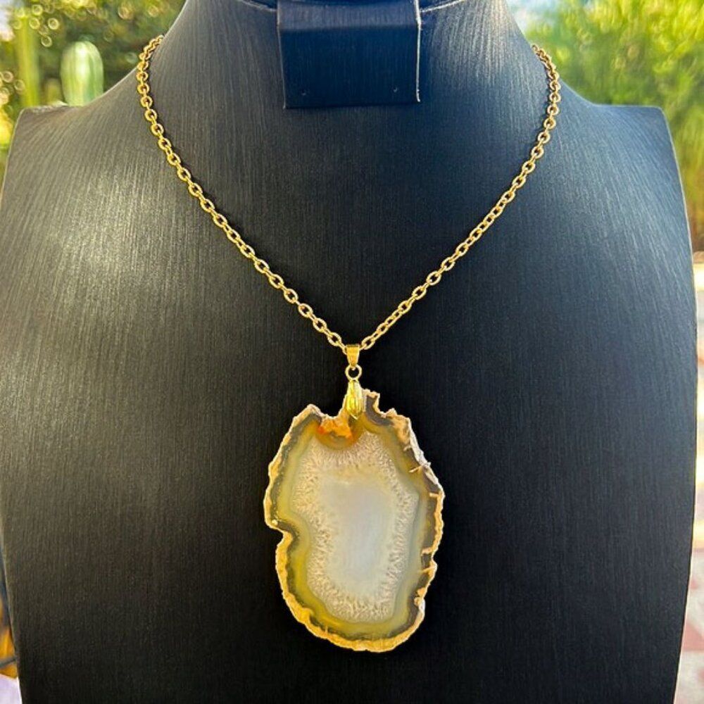 Large Golden Geode Slab Pendant Necklace 18”